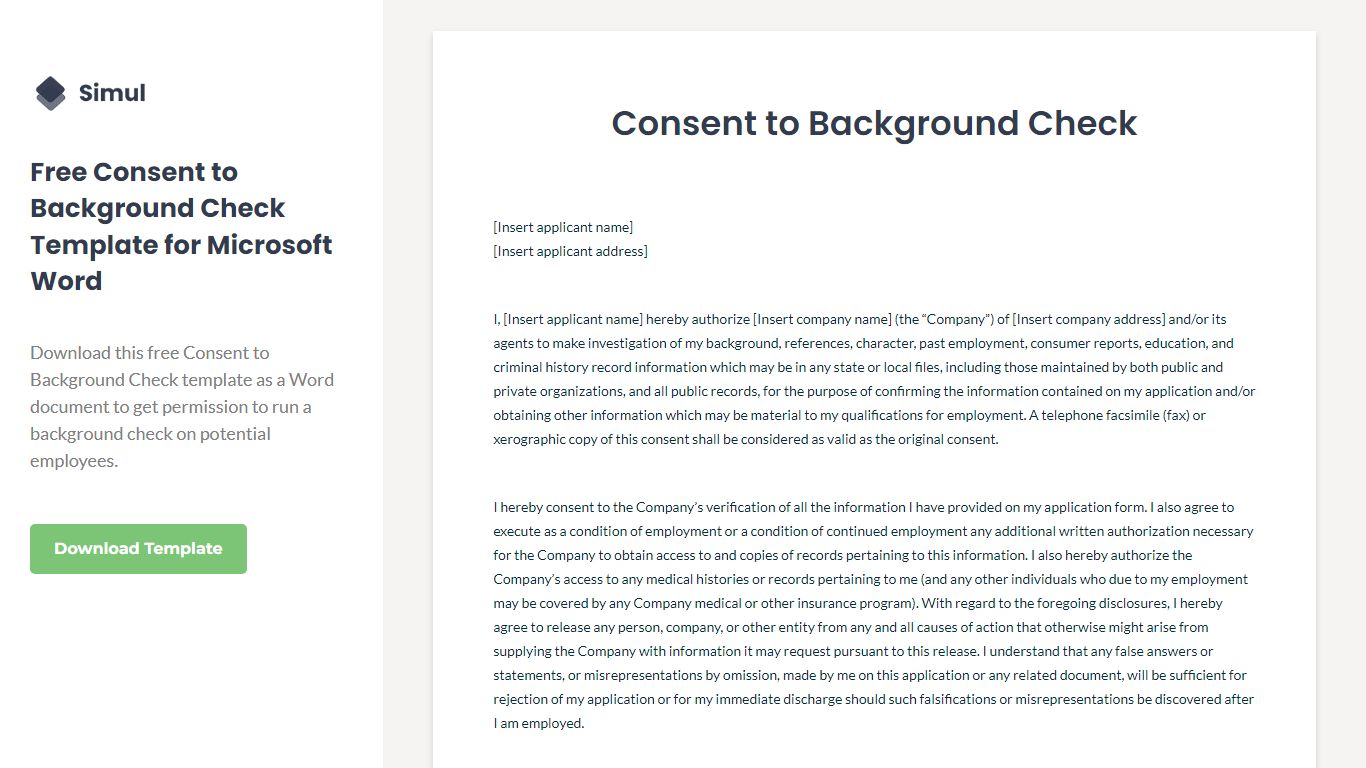 Free Consent to Background Check Template for Microsoft Word - Simul Docs